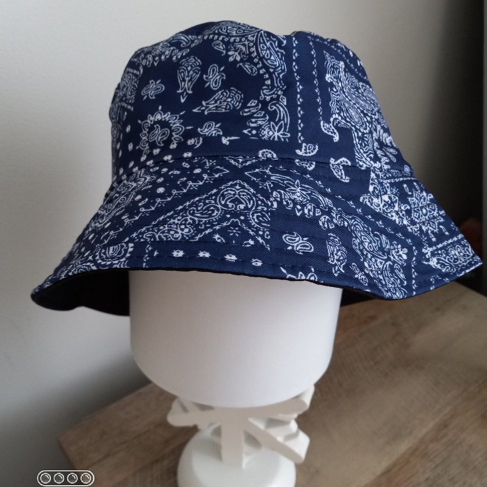 Blue Paisley Bucket Hat Reversible to Black Unisex